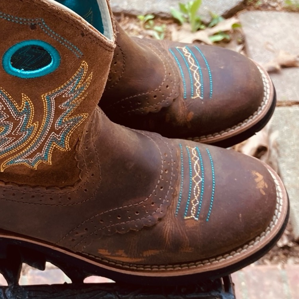 SOLD - different platform Brown and Teal Western Cowboy Boots Fat Baby “Shelia” - Picture 5 of 13